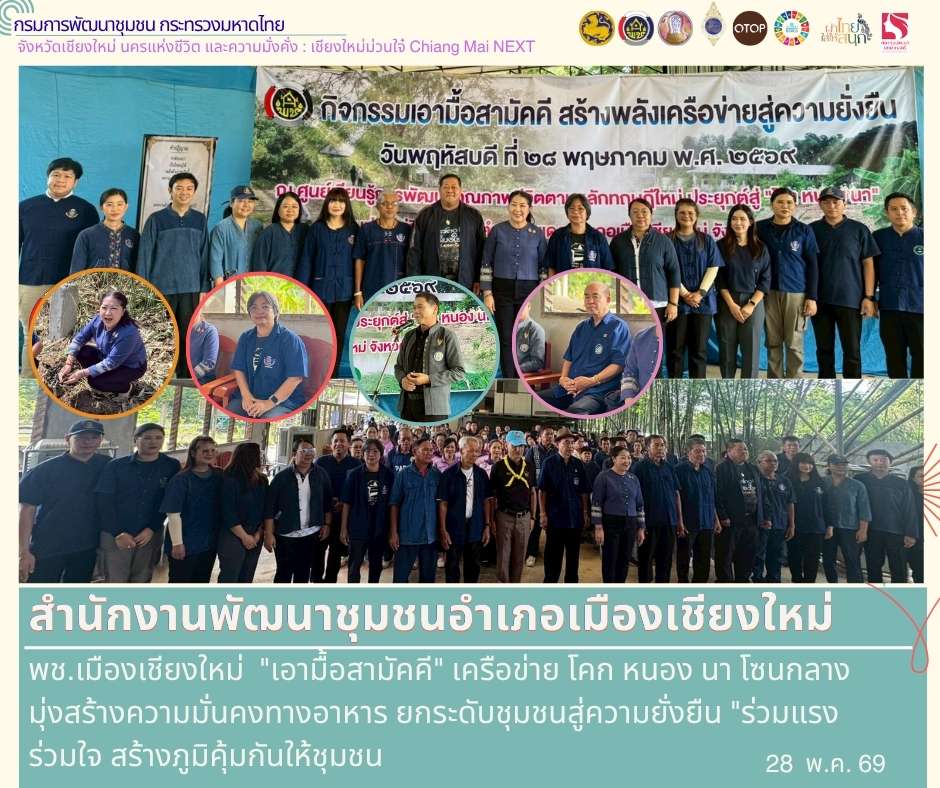 พช.เมืองเชียงใหม่  "เอามื้อสามัคคี" เครือข่าย โคก หนอง นา โซนกลาง มุ่งสร้างความมั่นคงทางอาหาร ยกระดับชุมชนสู่ความยั่งยืน "ร่วมแรง ร่วมใจ สร้างภูมิคุ้มกันให้ชุมชน... "