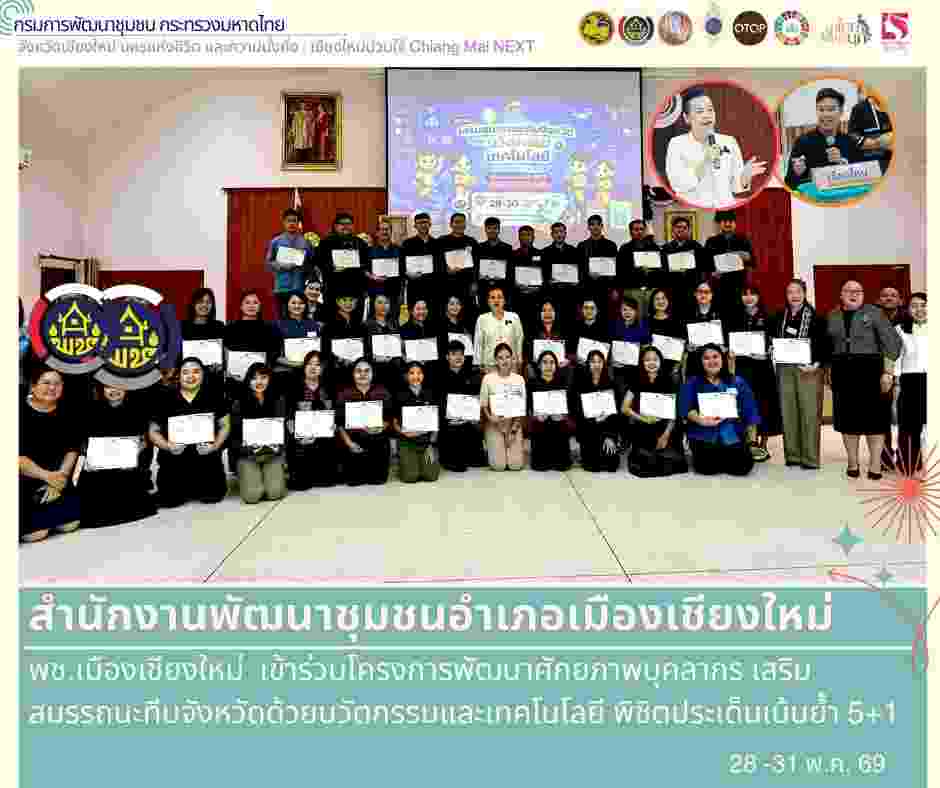 พช.เมืองเชียงใหม่ เข้าร่วมโครงการพัฒนาศักยภาพบุคลากร เสริมสมรรถนะทีมจังหวัดด้วยนวัตกรรมและเทคโนโลยี พิชิตประเด็นเน้นย้ำ 5+1 